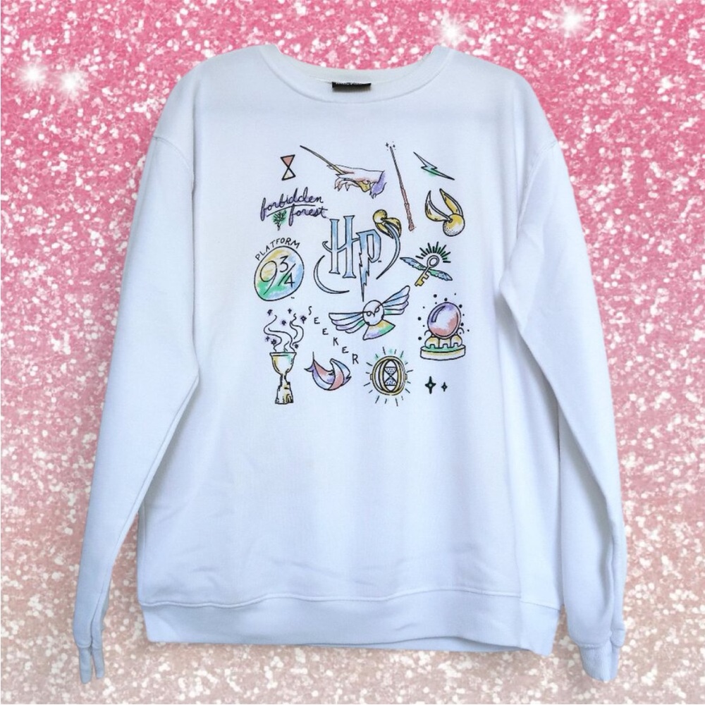 Harry Potter White Pastel Graphic Pullover Crew Neck Sweatshirt Size M